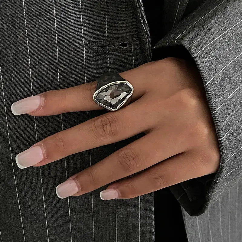 Grey crystal geometric ring for women, silver-tone square zircon centerpiece worn on finger