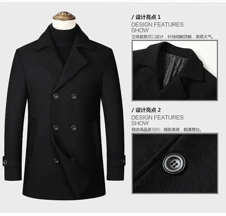 Men's black double-breasted wool coat; mid-length, warm autumn/winter casual business jacket