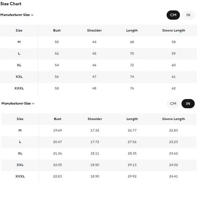 Men's longsleeve cardigan size chart with bust, shoulder, length and sleeve measurements in cm and inches
