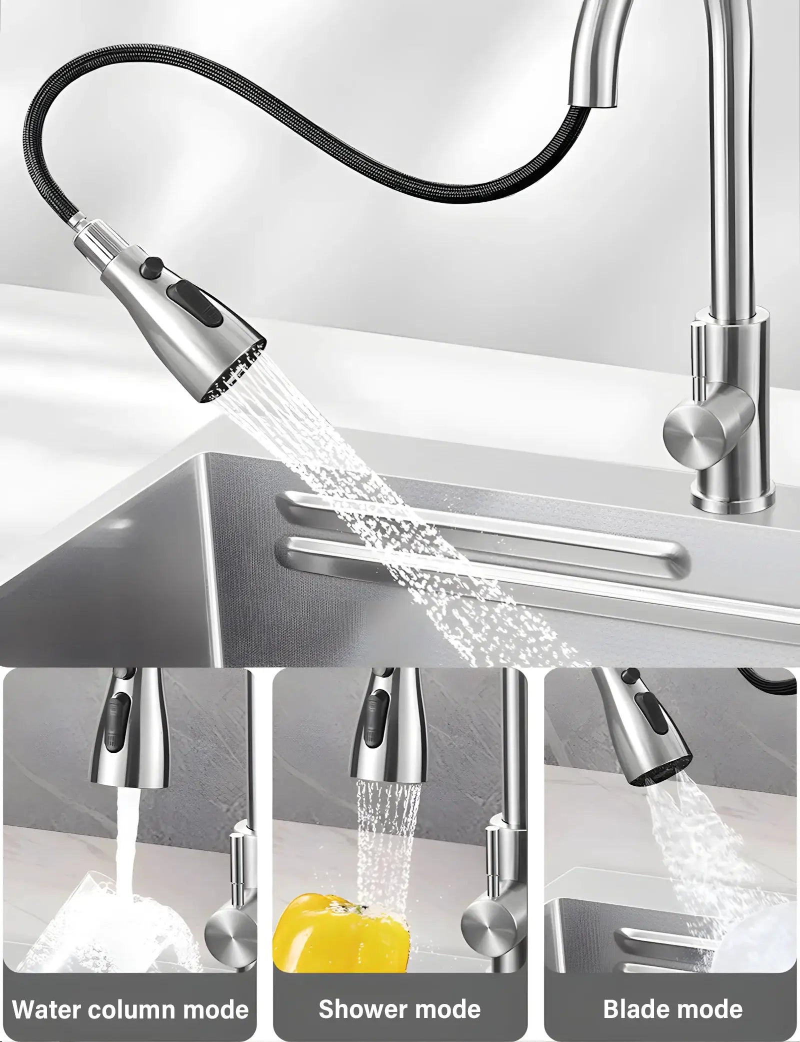Stainless steel kitchen faucet with flexible hose over a large single-bowl sink; multi-mode spray (water column, shower, blade).