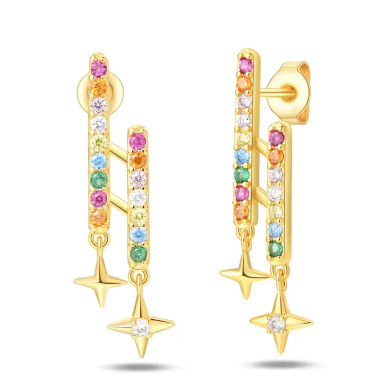 Pair of gold-tone hoop earrings with rainbow gemstone bars and dangling star charms