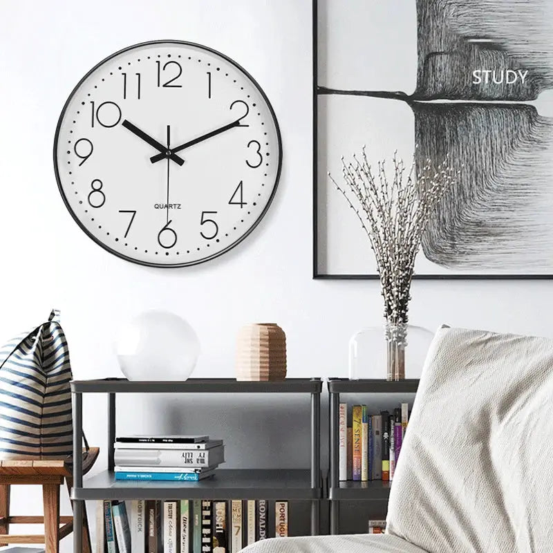 Analog wall clock, 8/12 inch, white dial with black numerals, black frame, mute quartz movement for home decor