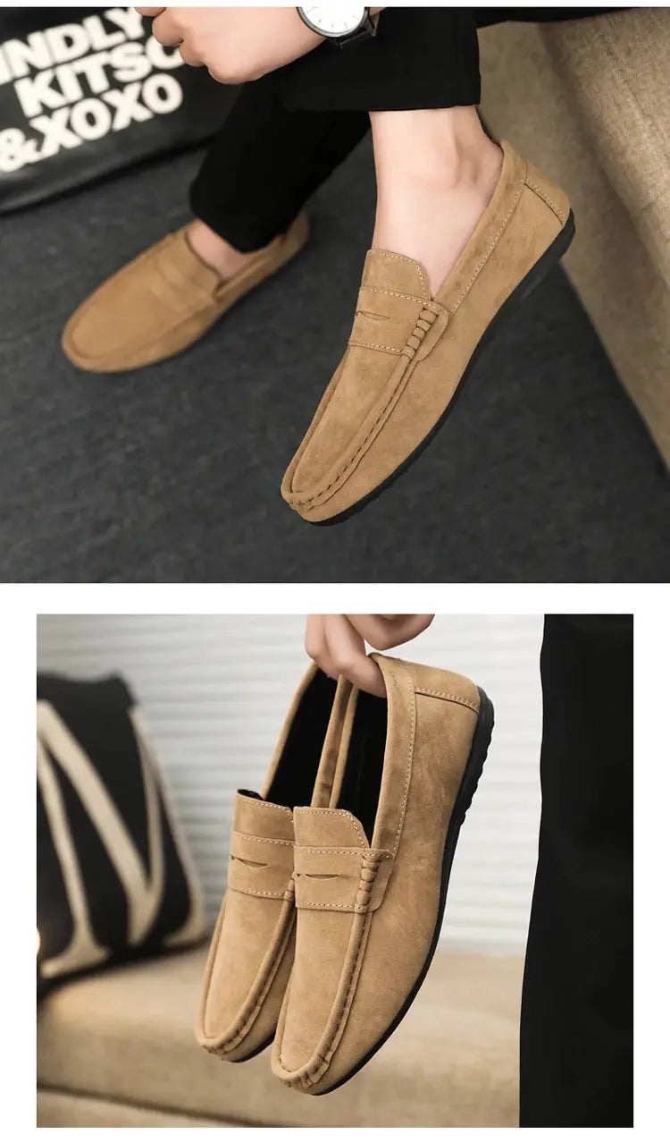 Casual men's driving loafers by Simples Market in khaki suede with black sole