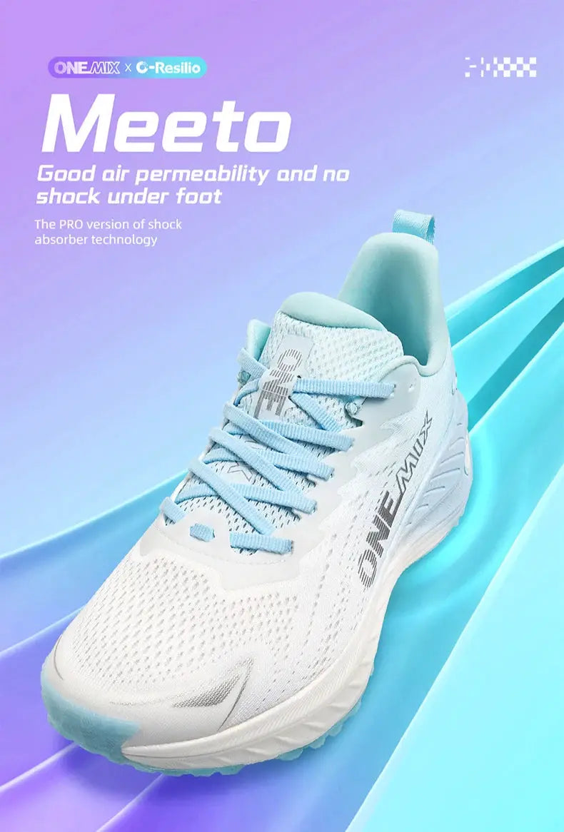 O-Resilio running shoes for men with white mesh upper, light blue accents, lace-up design and cushioned sole.