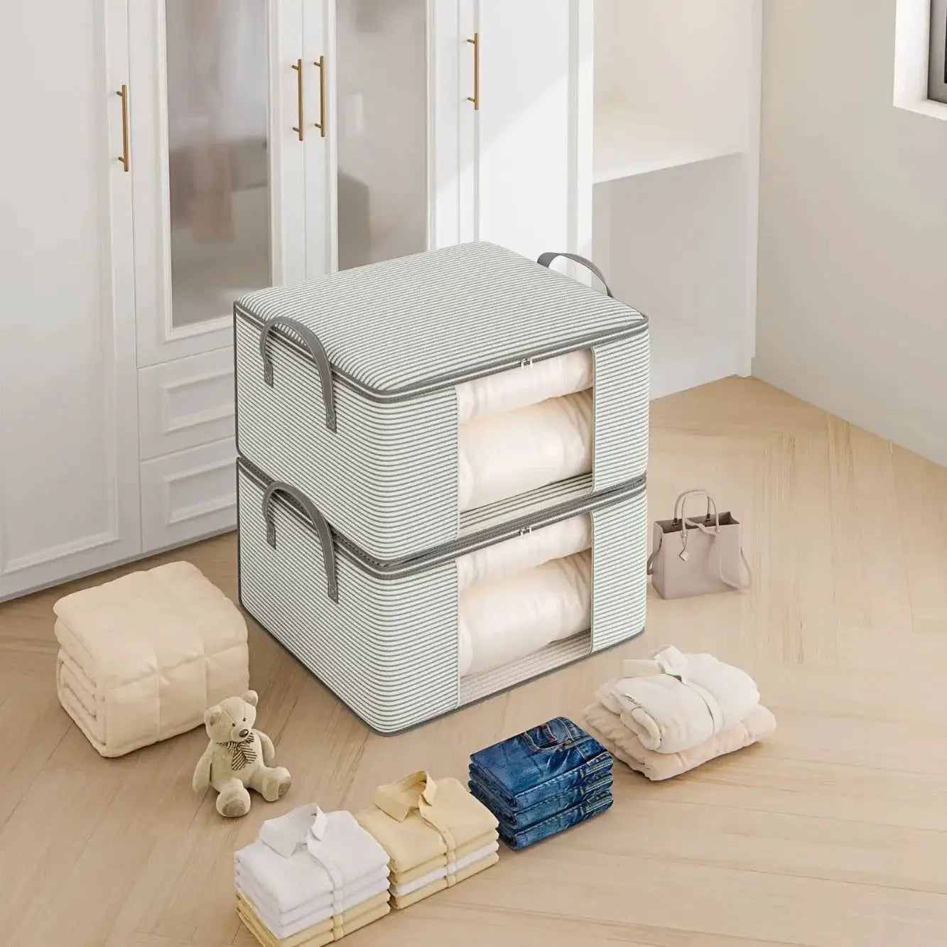 Large foldable storage bags, two gray striped units by Simples Market, for clothing and quilts