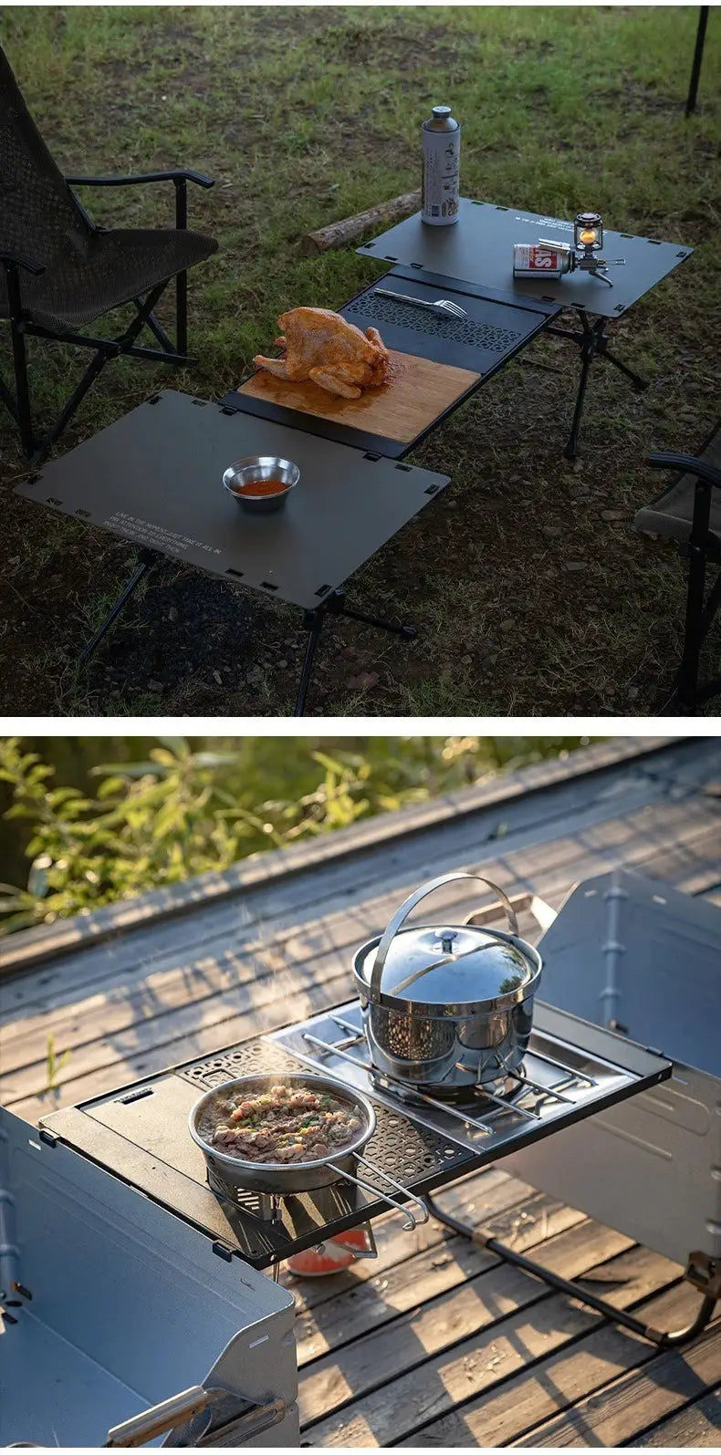 CampingMoon CK-25BK-1PIGT combination camping table with gray folding panels for outdoor cooking setups