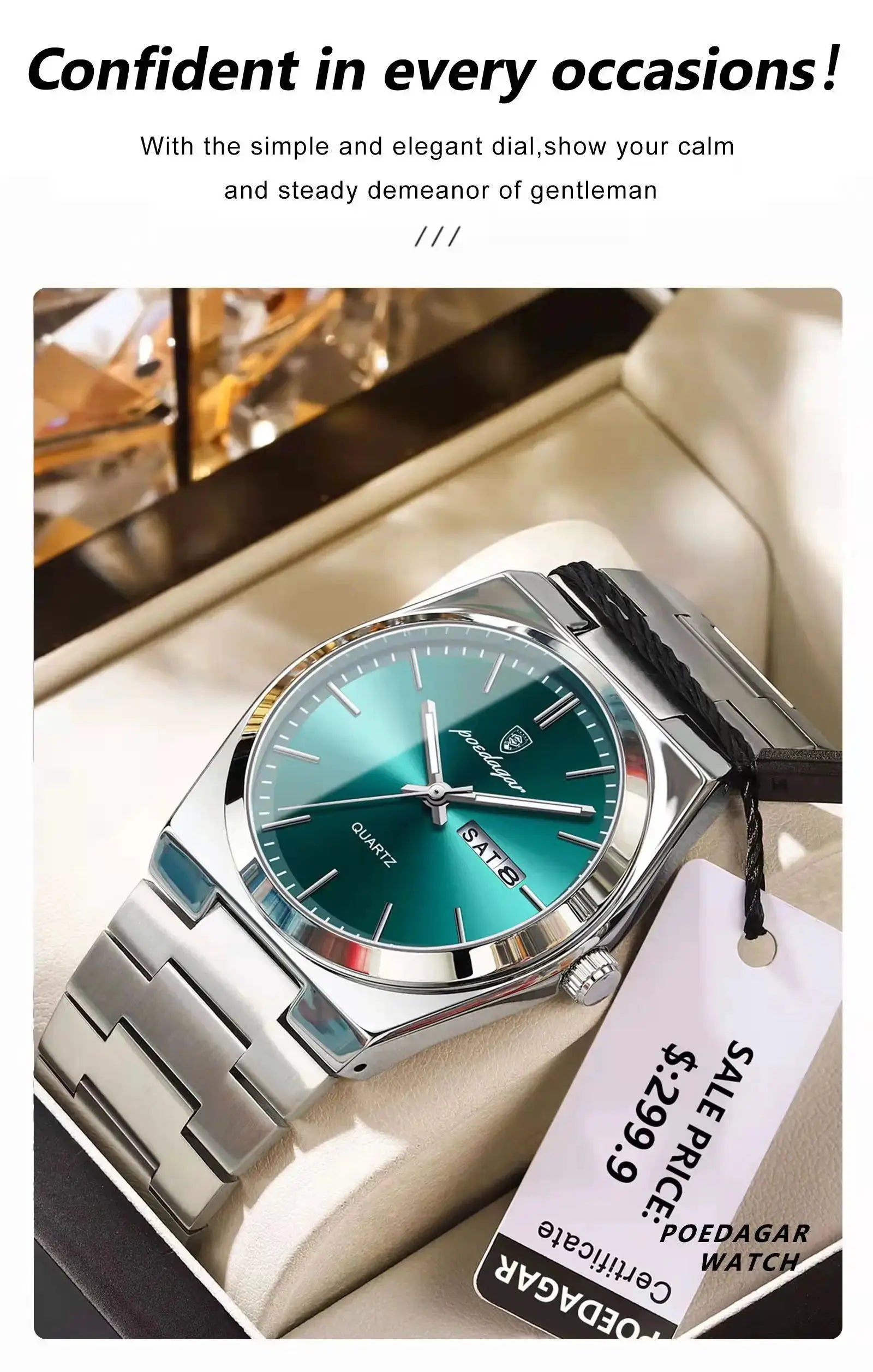 POEDAGAR men's stainless steel wristwatch with teal dial, date window, waterproof