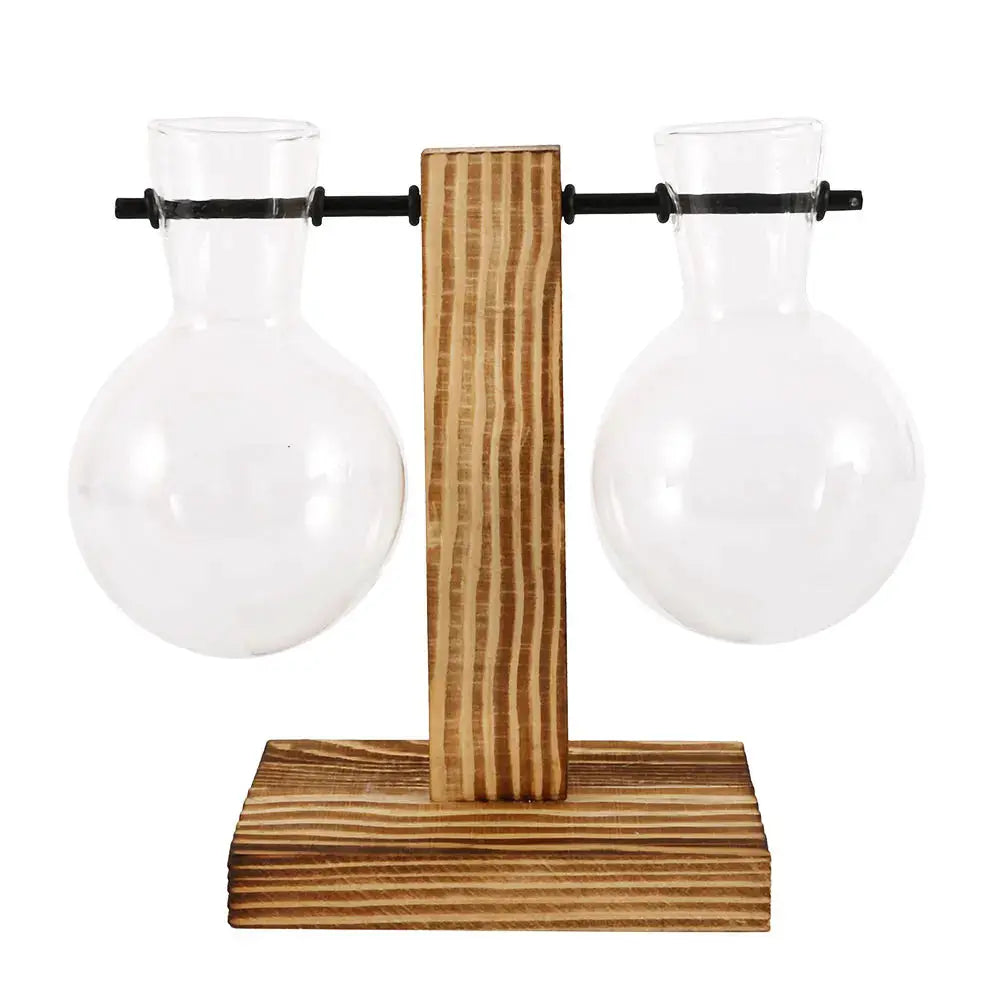 Creative Glass Desktop Planter Bulb Vase with wood stand, two clear glass bulbs by Simples Market