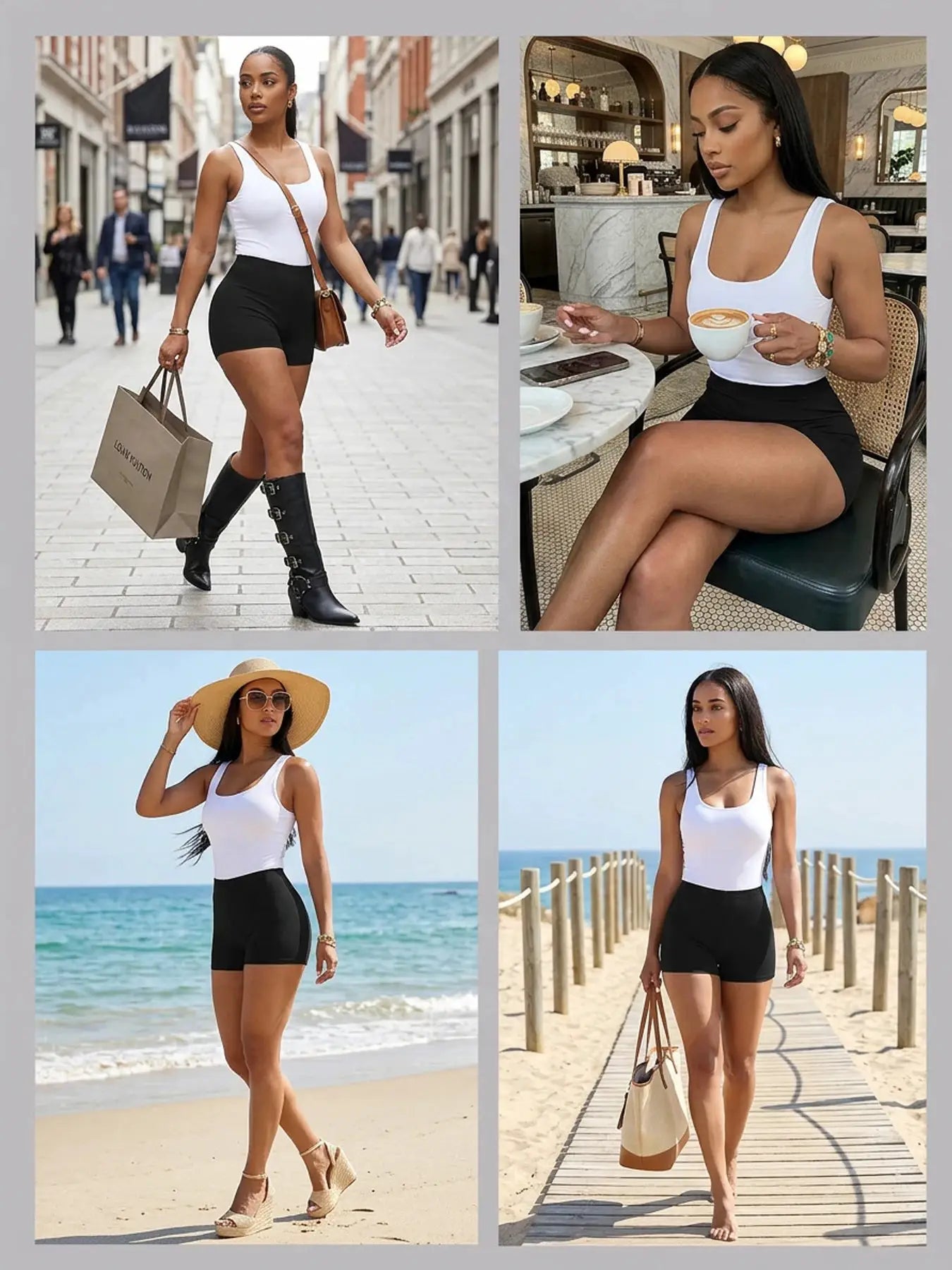 Simples Market high-elasticity women's biker shorts; four looks with white tank tops in urban, cafe, and beach scenes