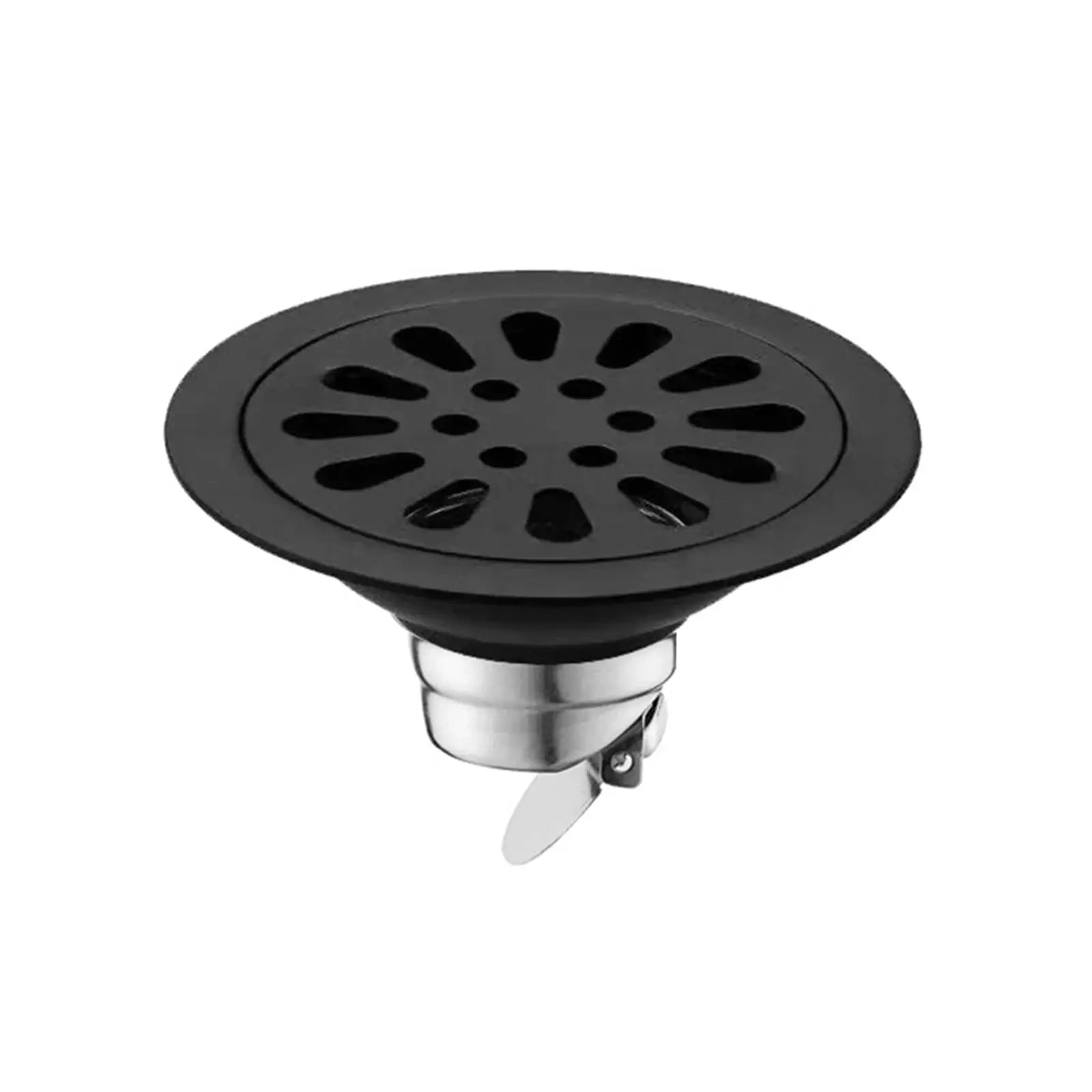 Shower floor drain backflow preventer with round black flower-patterned perforated cover and stainless steel base