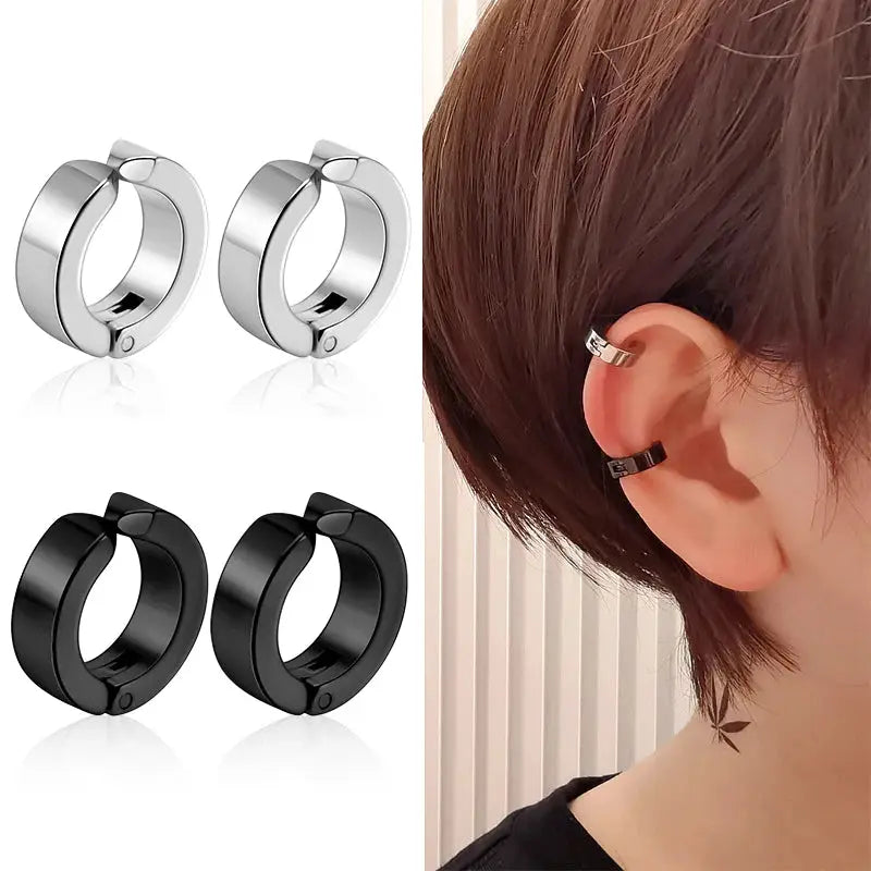 2-pack stainless steel ear clip earrings in black and silver, non-piercing circular hoops, unisex, Simples Market