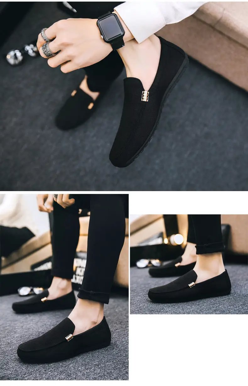 Men black canvas slip-on loafers with gold metal detail; Simples Market, shown in 3 angles