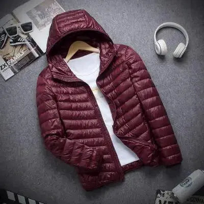 Simples Market men's burgundy hooded down jacket, lightweight warm slim coat