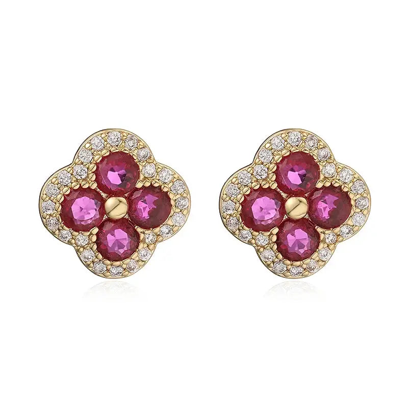HECHENG flower-shaped earrings, 18K gold-plated with pink CZ stones and clear crystal halo, pair