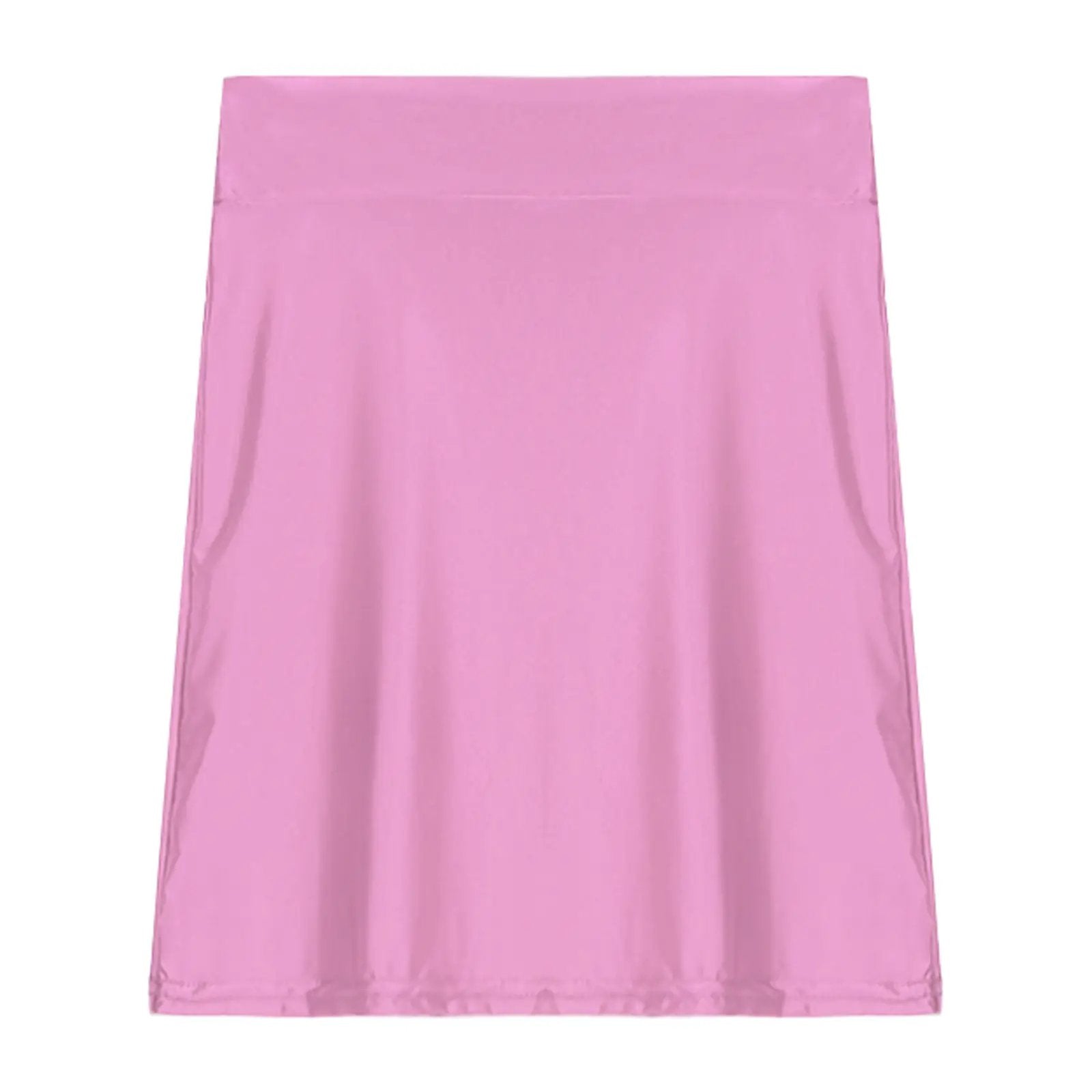 Glossy pink patent leather mini skirt with wide waistband