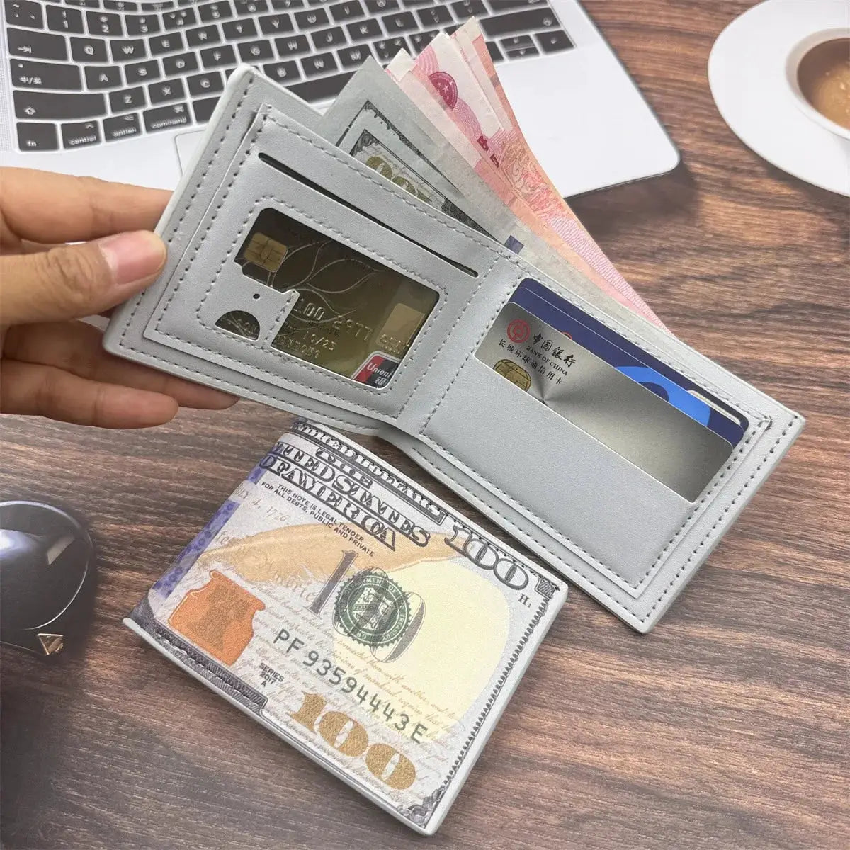 Mens Wallet With 100 US Dollar Pattern PU Leather Card Holder Coin Pocket Zipper Purse