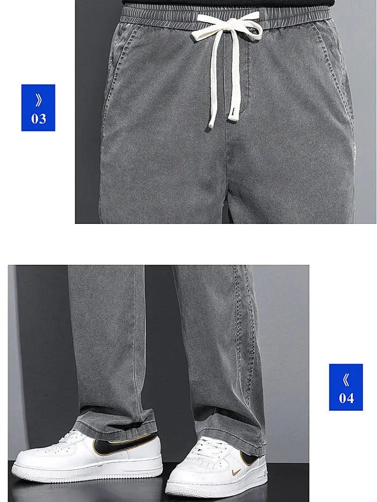 Men's gray lyocell casual pants with a loose straight fit and drawstring elastic waist