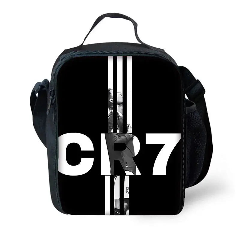 CR7 black school backpack with bold white logo design for kids