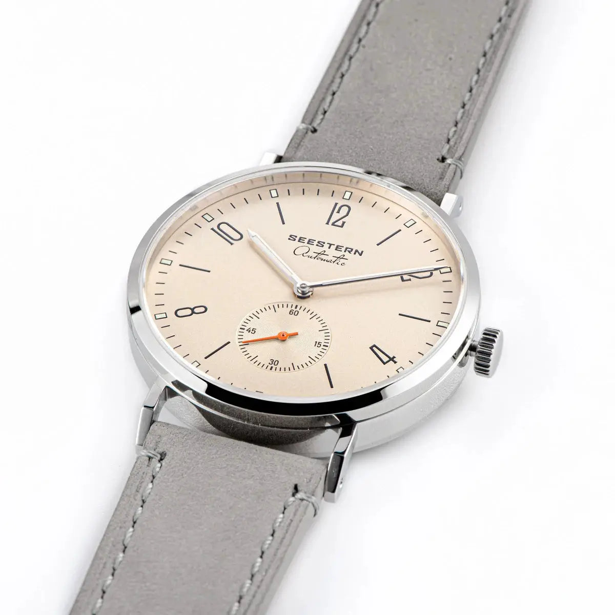 Seestern men's automatic wristwatch with beige dial, silver case, grey leather strap