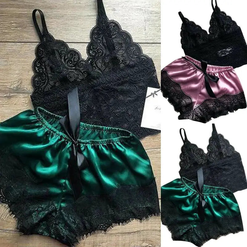 LaceLuxe Womens Lace Sleepwear Set Delicate Lace Top With Satin Shorts Babydoll Nightwear Comfort