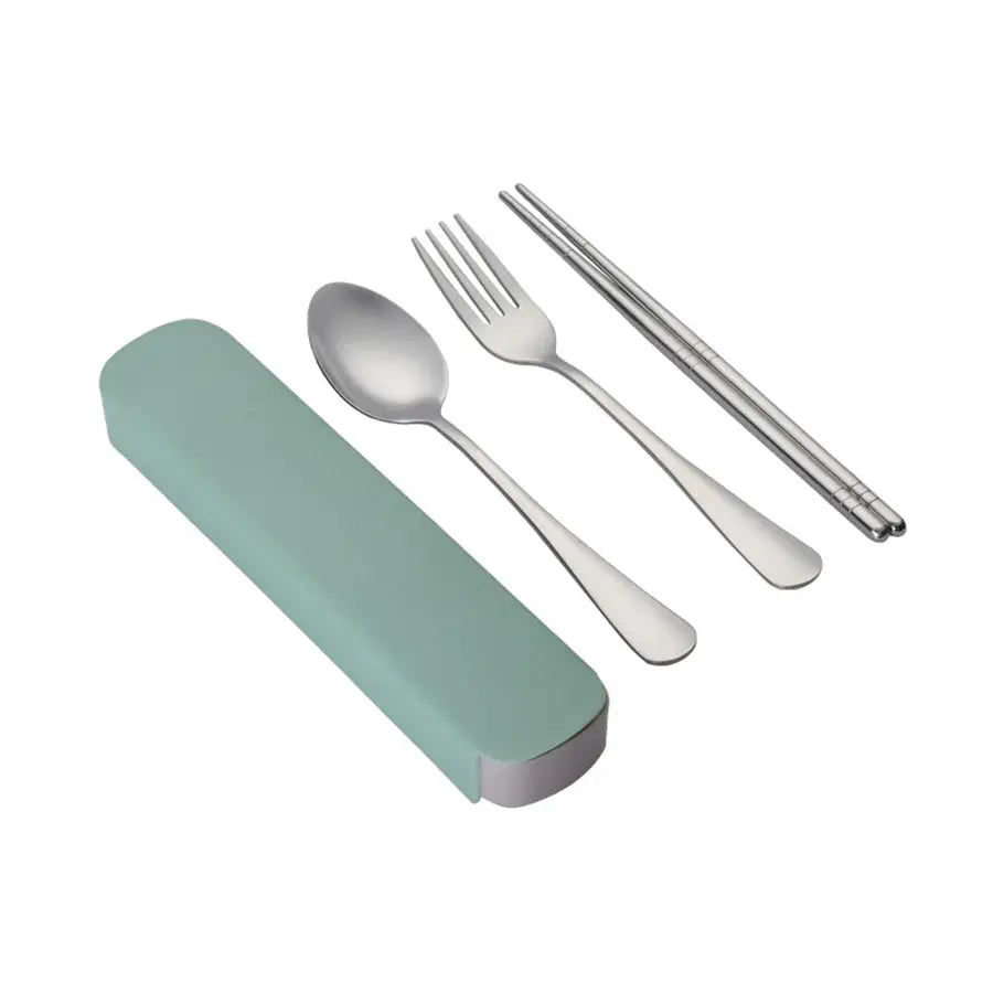 Stainless steel 3-piece Korean spoon, fork, and chopsticks travel set in mint green case by Simples Market