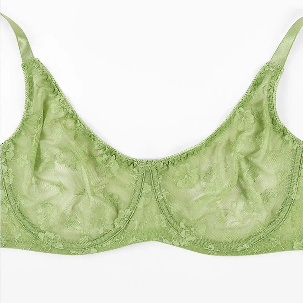 Plus-size lace underwire bra in lime green with floral pattern