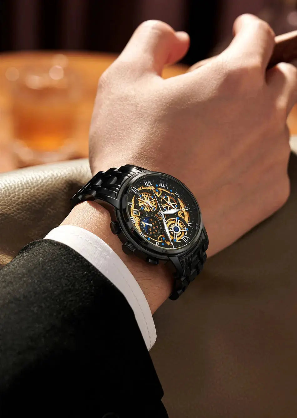 LIGE men's skeleton chronograph wristwatch with black steel bracelet, visible gold gears and intricate dial.