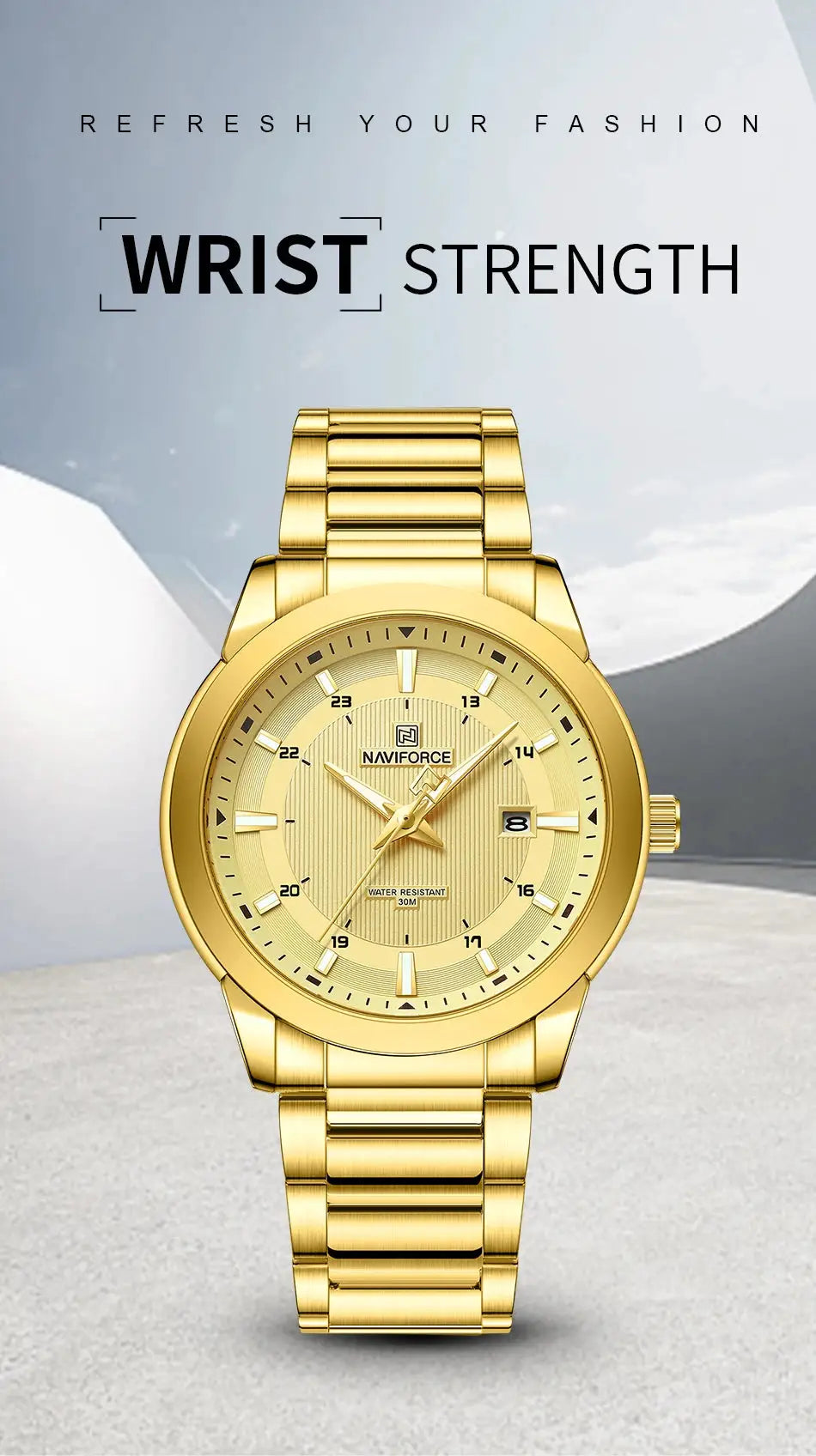 Naviforce men's gold stainless steel wristwatch with date window and 30m water resistance