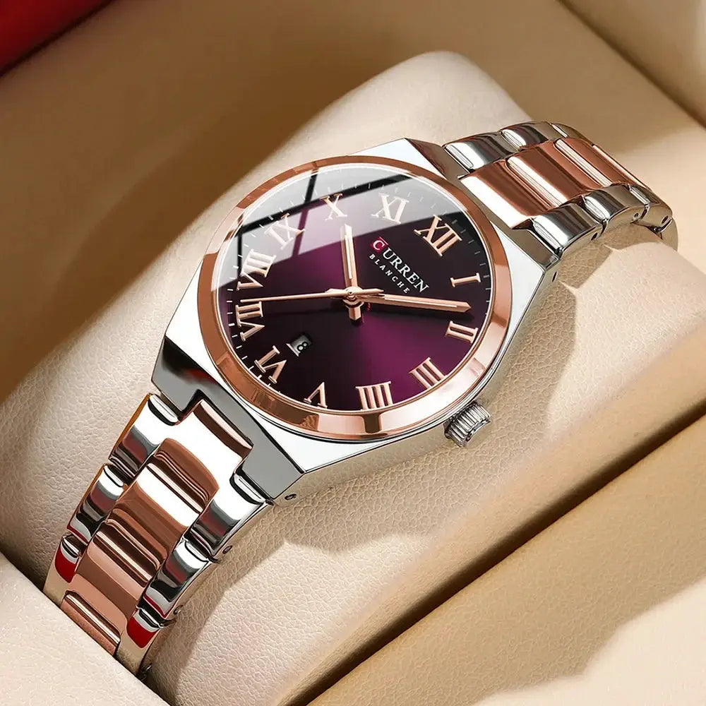 CURREN women's watch with rose gold bezel, two-tone stainless steel bracelet, purple dial with Roman numerals