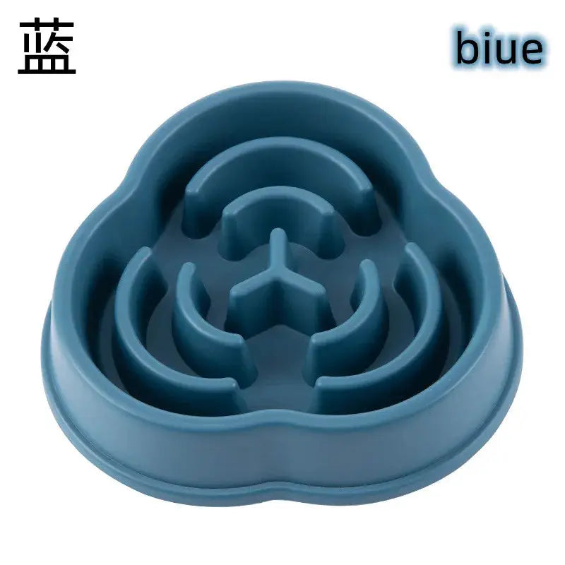 Blue silicone slow-feeder pet bowl for cats and dogs with nested rings to slow eating and anti-slip base.