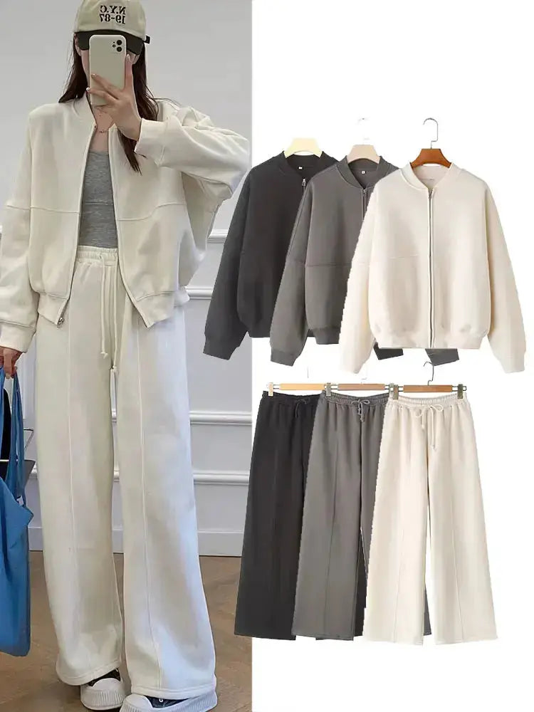 HH Womens Fall Retro Zip Bomber Jacket 2 Piece Set With High Waist Lace Up Wide Leg Pants Streetwear