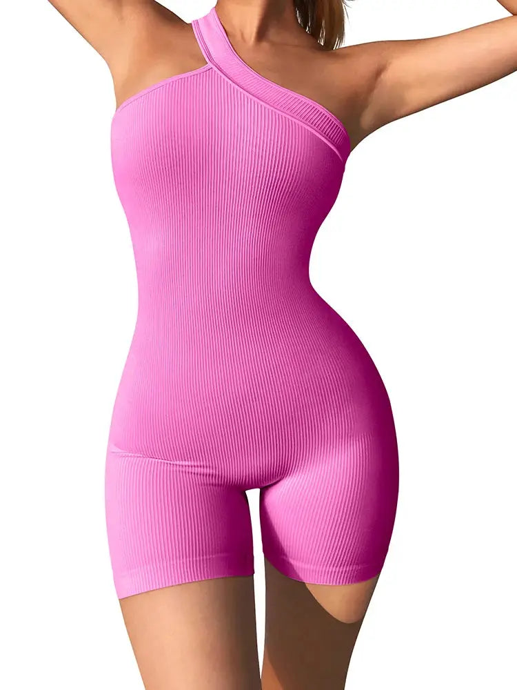 Women's pink ribbed one-shoulder yoga romper with seamless tummy-control fit