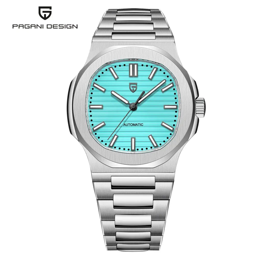 Pagani Design men's stainless steel automatic watch with turquoise dial and bracelet