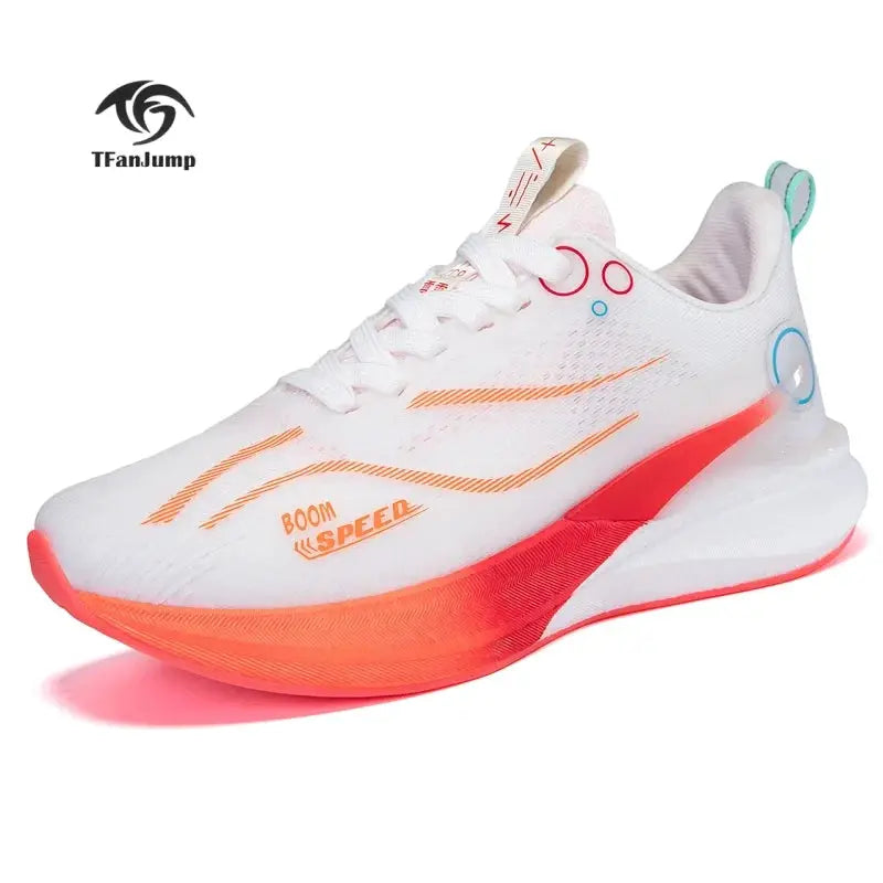 TFanJump white running shoe with orange sole, lightweight and shock-absorbing for marathon training
