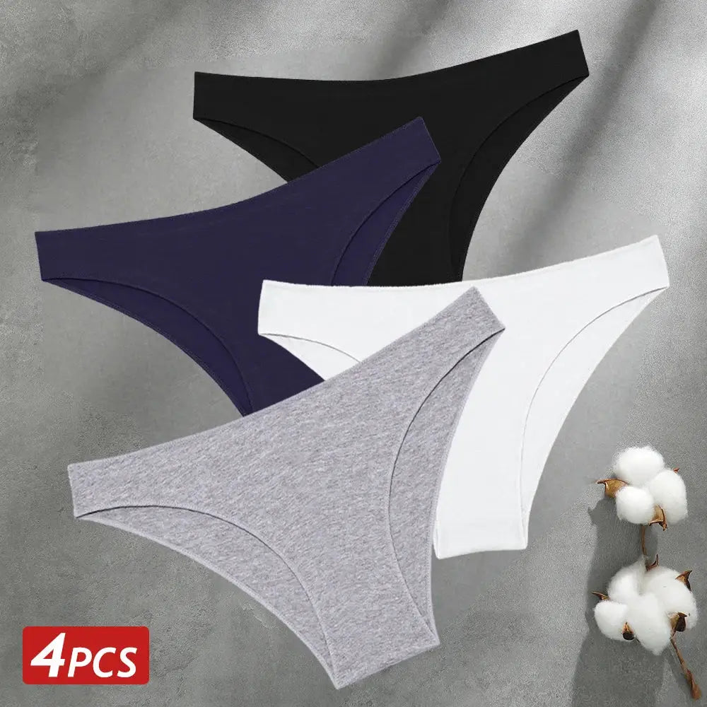 Simples Market 4-pack seamless cotton panties in black, navy, white, and gray; low-rise briefs.