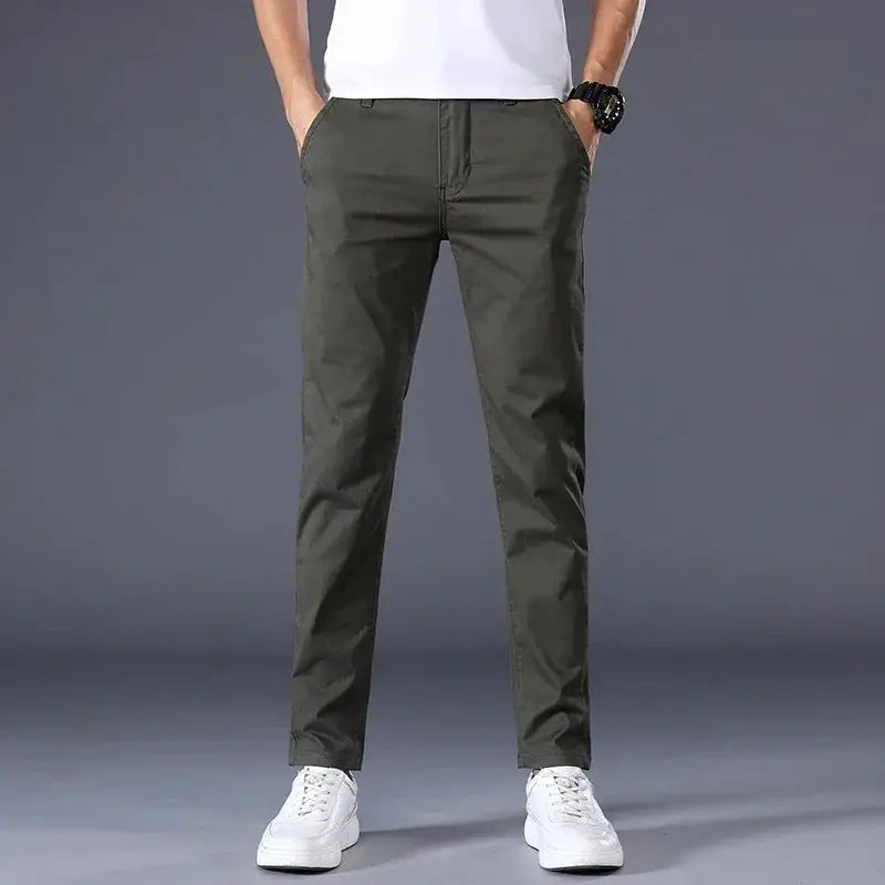 Men's olive cotton casual pants from Simples Market, straight slim-fit long trousers