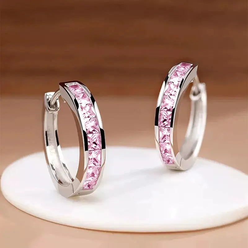 Huitan Classic Design Women Hoop Earrings With Princess Square CZ Cubic Zirconia Elegant And Versatile Jewelry