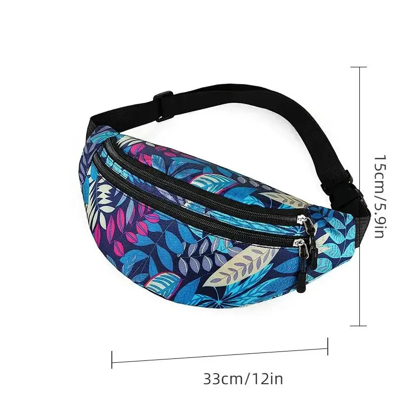 Sports waist pack with blue leaf pattern, waterproof fanny pack with dual zippers and adjustable strap.