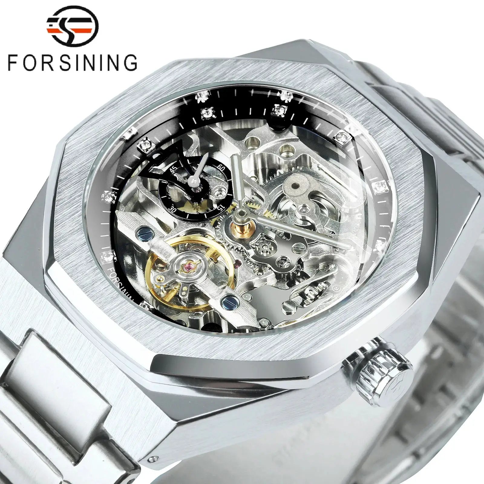 Forsining skeleton automatic men's watch with stainless steel strap and luminous hands