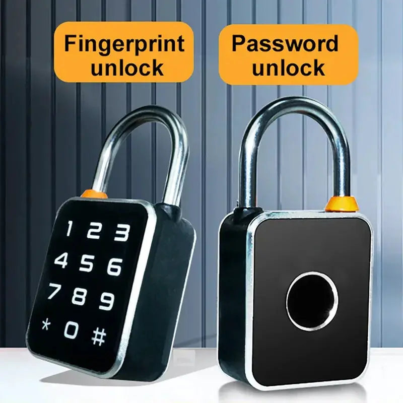 Simples Market 3-in-1 Mini Smart Padlock: two black USB-charging locks, one fingerprint unlock and one keypad/password unlock.