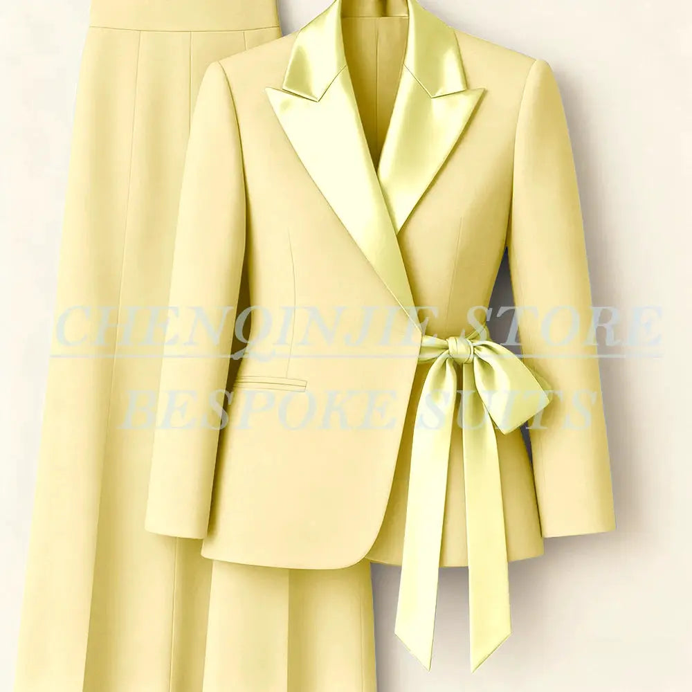 Simples Market women's yellow two-piece blazer suit with satin peak lapels and waist-tie, matching pants