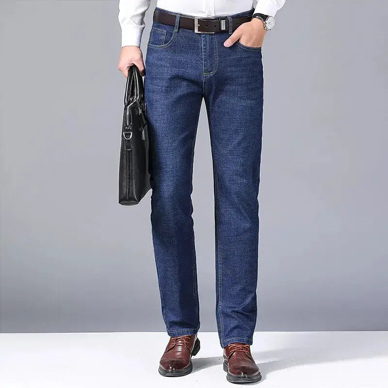 Men's blue denim jeans, classic straight-leg fit for casual wear.