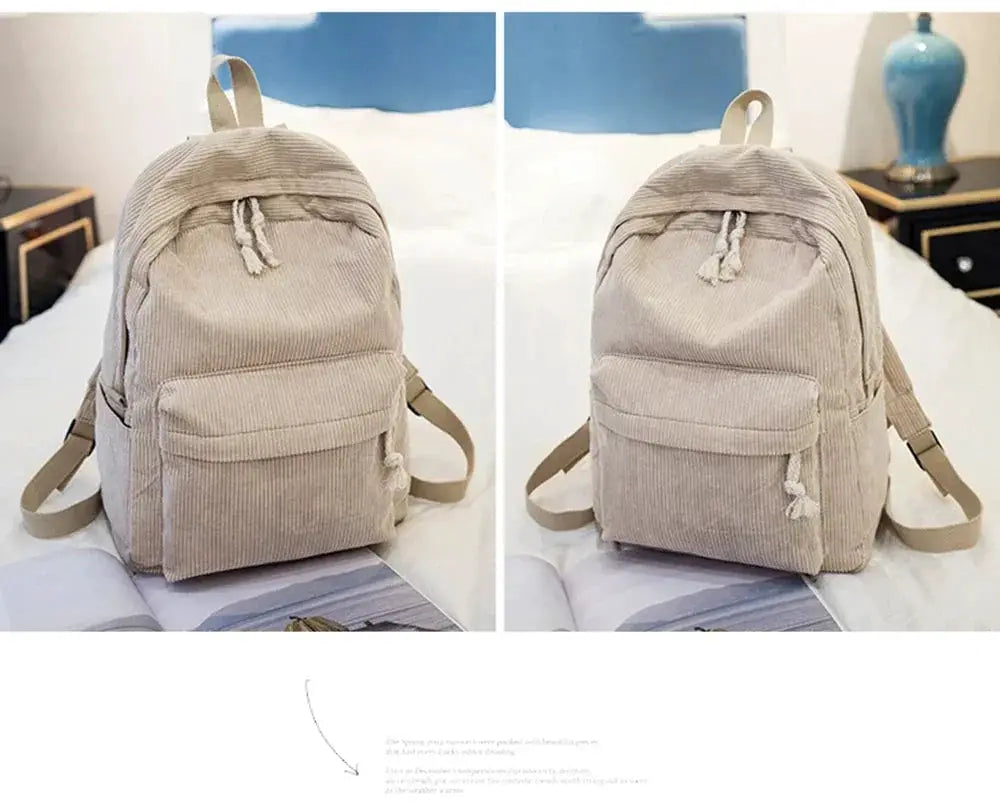 Personalized Corduroy Student Backpack by Simples Market, beige with front pocket and drawstring closure