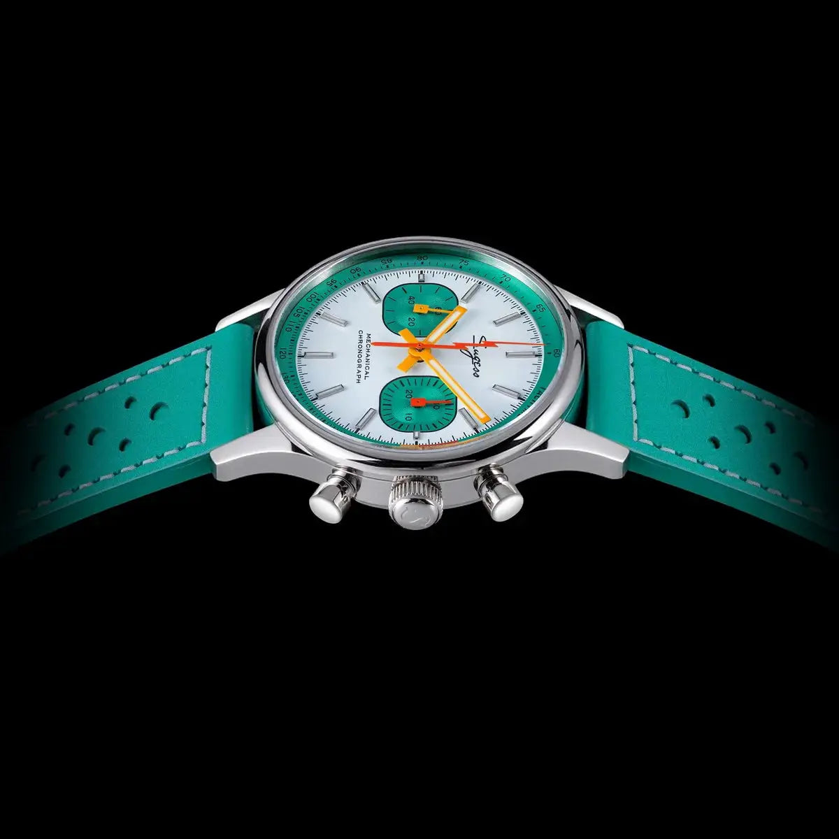 Sugess chronograph watch for men with teal strap, white dial, teal subdials, orange hands, sapphire crystal, stainless steel case