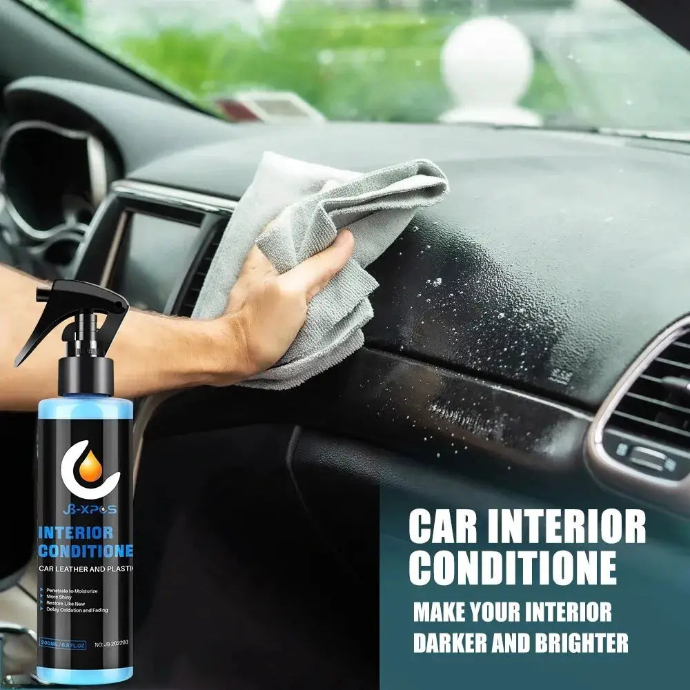Interior car conditioner spray by Simples Market; black and blue bottle for restoring plastic and leather interiors.