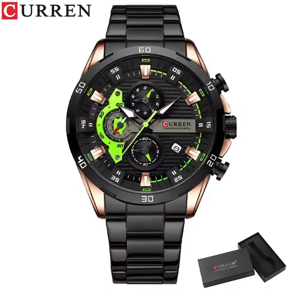 Curren 8402 men's wristwatch with black stainless steel band, luminous green dial, chronograph subdials with box