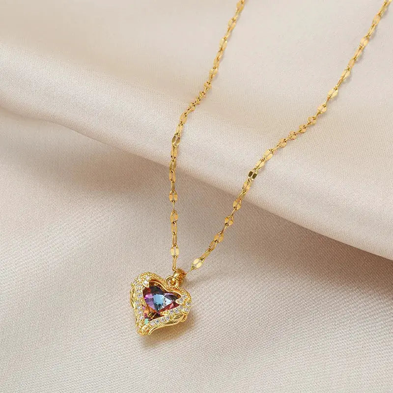 Luxury Colorful Crystal Ocean Heart Pendant Necklace For Women 316L Stainless Steel Jewelry Wedding