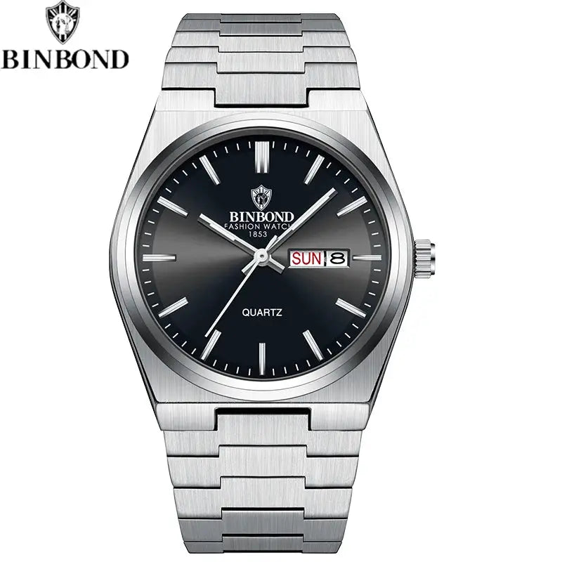 BINBOND stainless steel men's quartz watch with black dial and day/date window on a metal bracelet