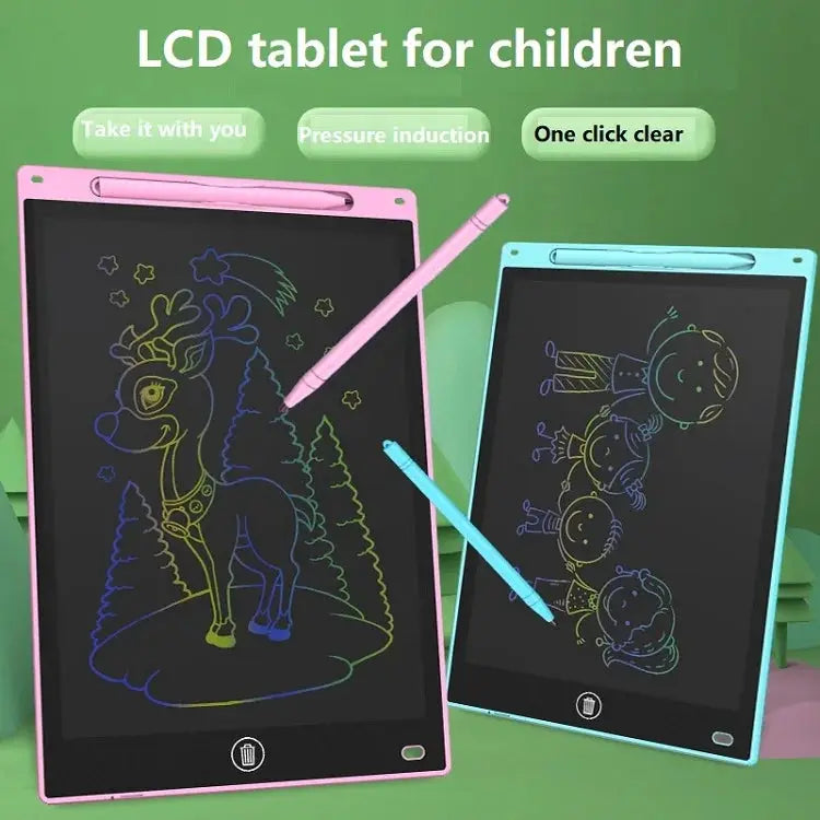 Two pink and blue LCD drawing tablets for kids with styluses, displaying colorful sketches.