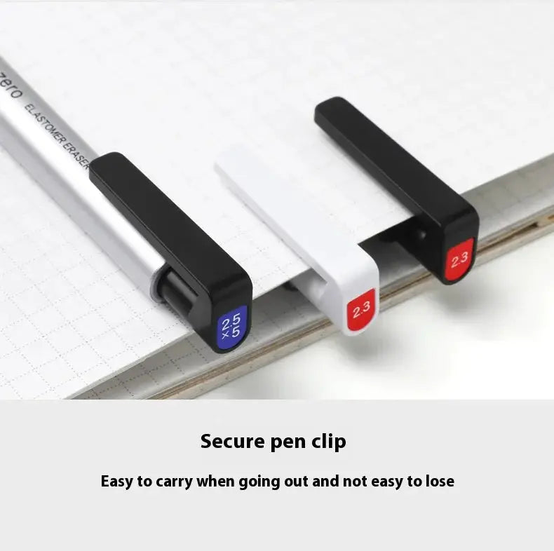 Tombow precision eraser pen trio with secure clips; black and white bodies, blue 2.5×5 and red 2.3 labels.